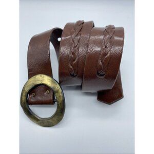 Brown Faux Leather Belt Women's Size L Hammered Metal Buckle 8161
